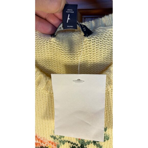 Lands End Womens Medium 10/12 Yellow Knit Sweater Floral & Hummingbird Granny - Picture 5 of 9